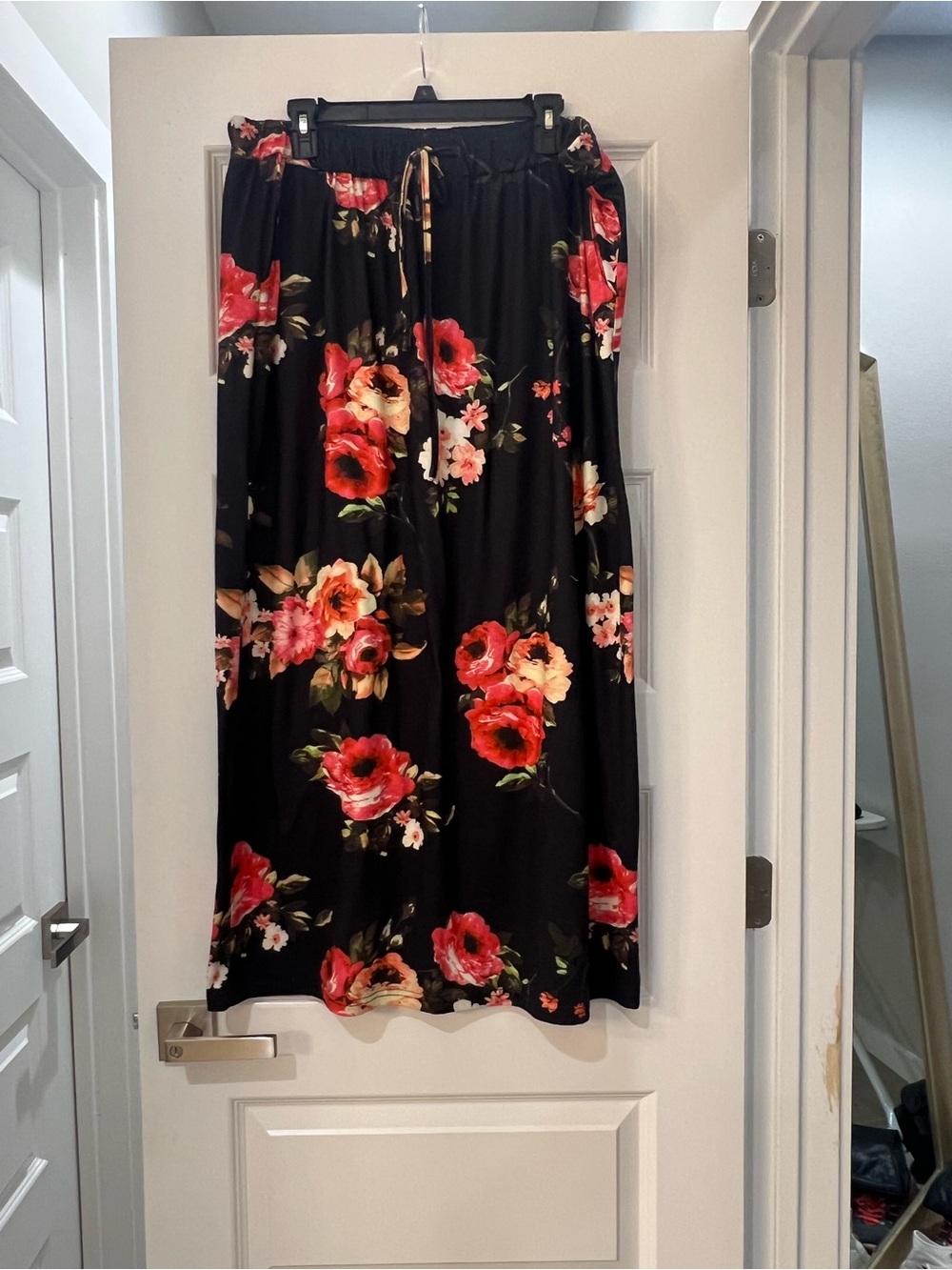 Black Floral Maxi Skirt with Red & Cream Blooms